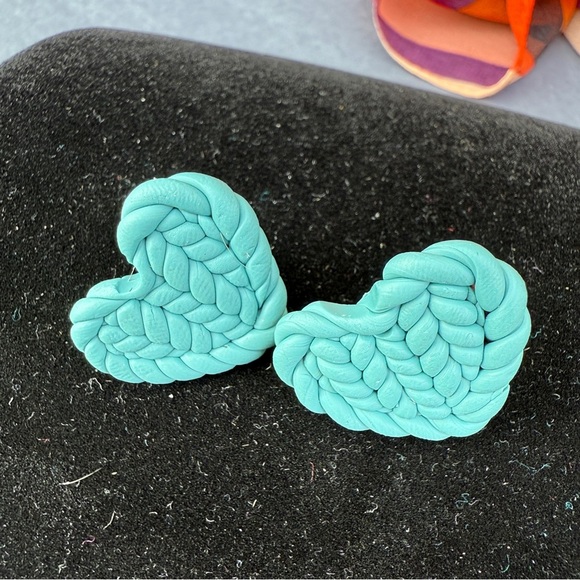 Turquoise Heart-Shaped Polymer Clay Stud Earrings - Picture 3 of 9